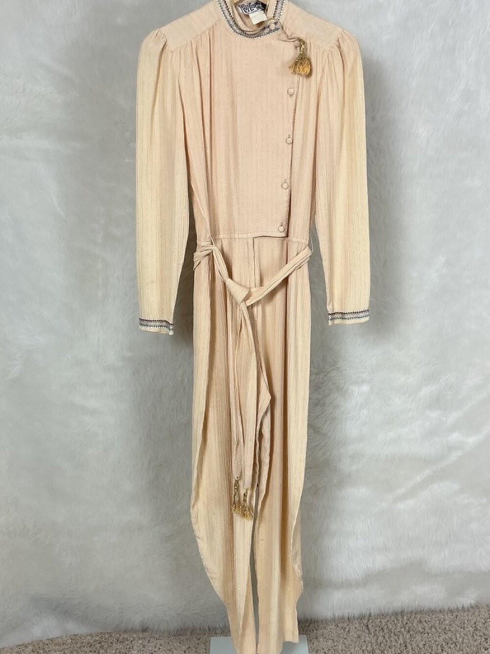 Vintage 70s Foxy Lady Ivory Crinkle Gauze Gold Metallic Belted Jumpsuit FLAWED S